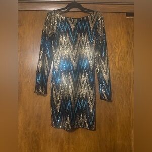 VA VA VOOM #39 Long-Sleeve Gold Sequin Bodycon Chevron Dress - Black, Blue, Gold